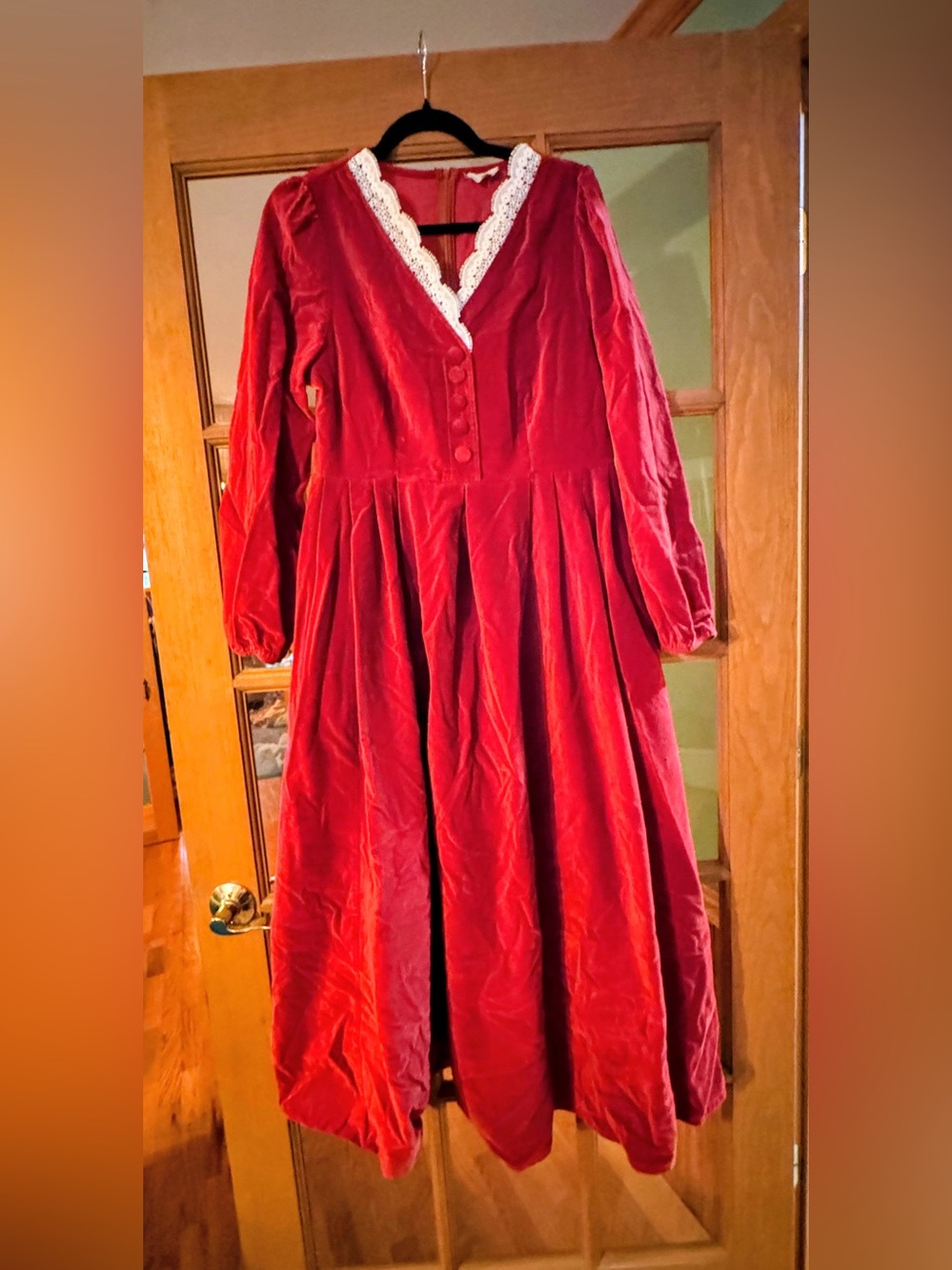 Women's Red Velvet Maxi Dress with Lace Trim